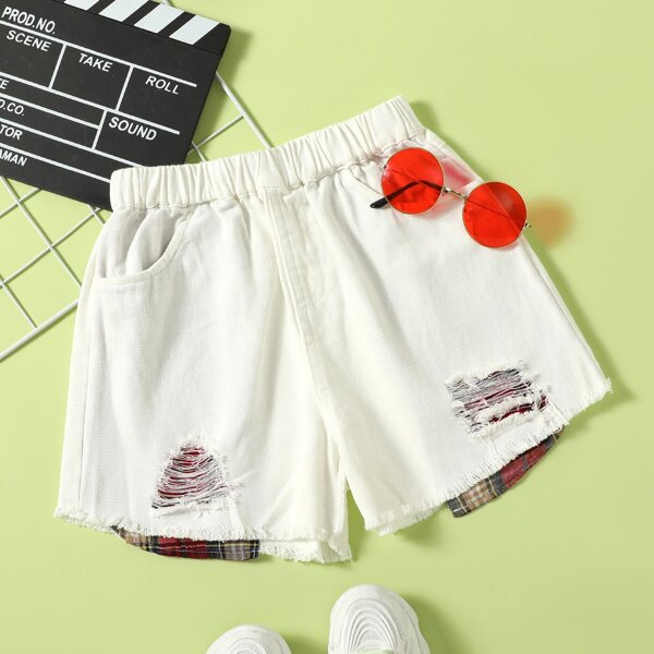 

Girls Ripped Tartan Panel Denim Shorts, White