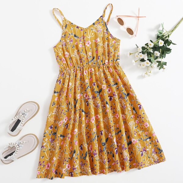 

Girls Floral Print Cami Dress, Mustard yellow