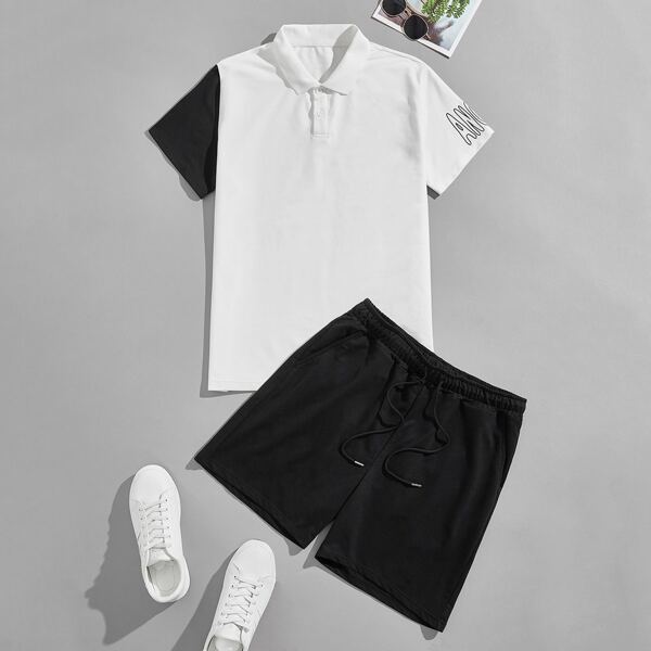 

Men Letter Graphic Colorblock Polo Shirt & Track Shorts, Black and white