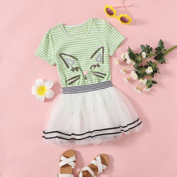 

Toddler Girls Cartoon Print Striped Tee & Tutu Skirt, Multicolor
