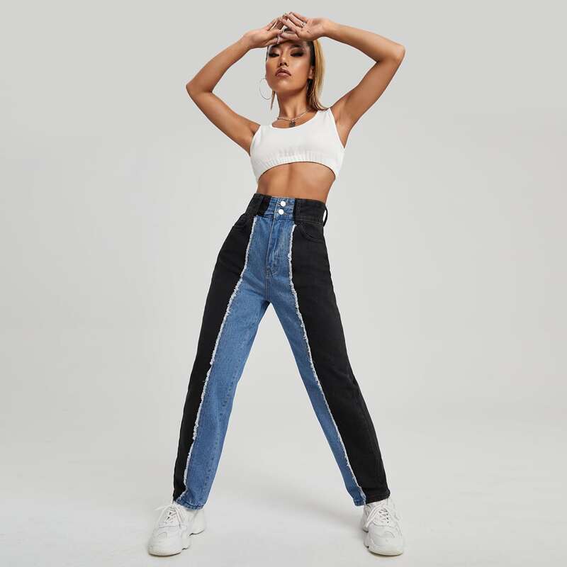 

High Waist Spliced Mom Jeans, Multicolor