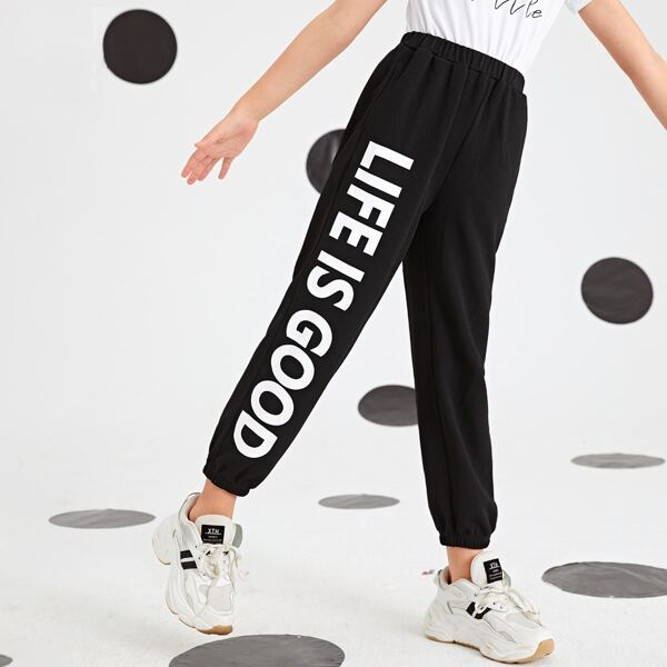 

Girls Slogan Graphic Cropped Sweatpants, Black