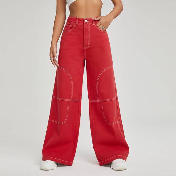 

High Waist Wide Leg Jeans, Red