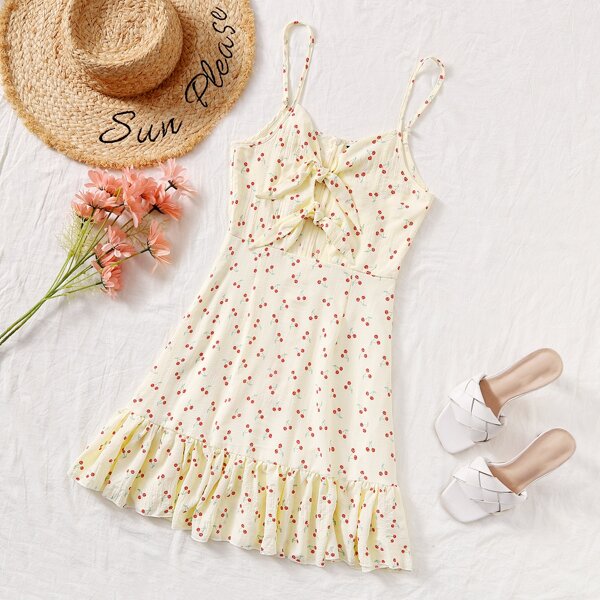 

Tie Front Ruffle Hem Cherry Print Cami Dress, Beige