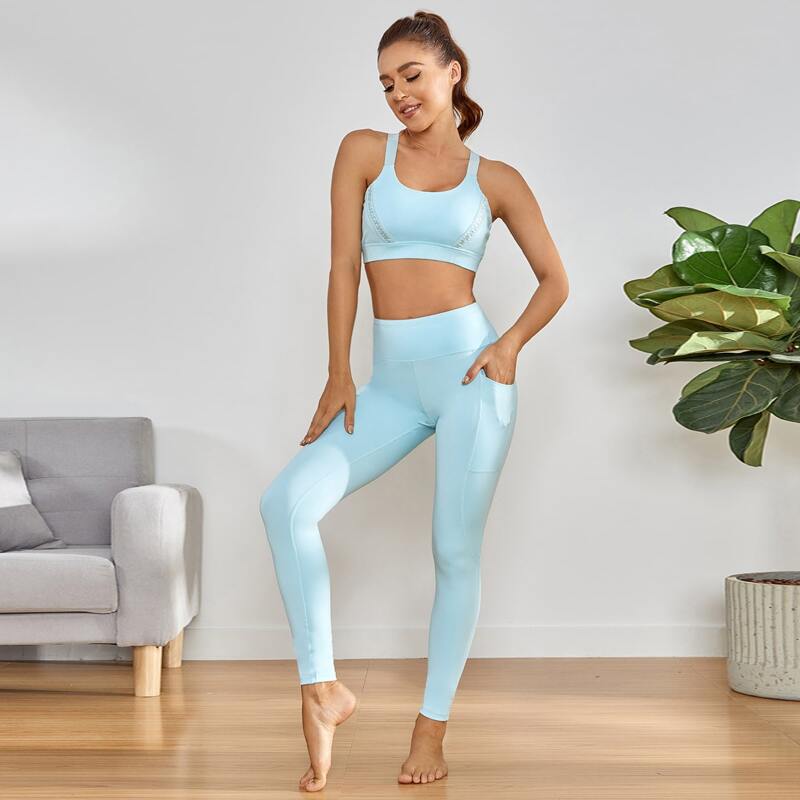 

High Stretch Sports Bra With Pocket Side Leggings, Mint blue