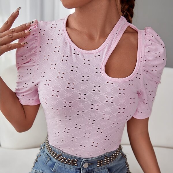 

Eyelet Embroidery Cut Out Puff Sleeve Top, Baby pink