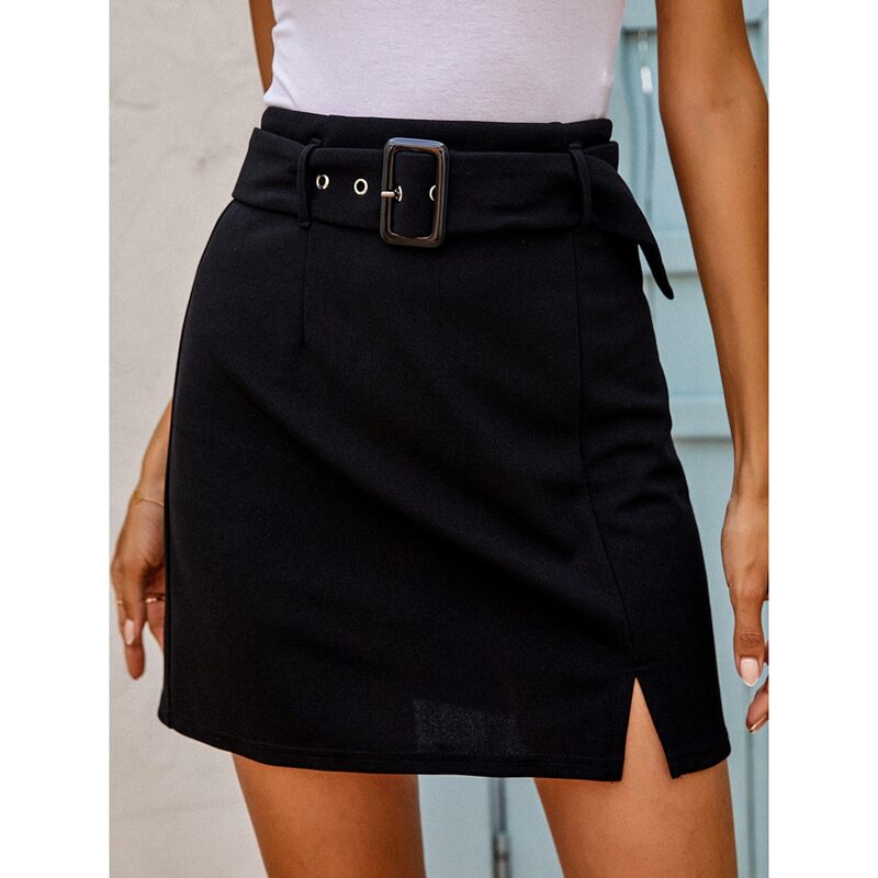 

Split Hem Belted Skirt, Black