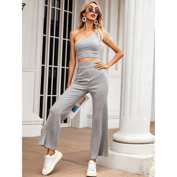 

One Shoulder Crop Top With Sweatpants, Grey