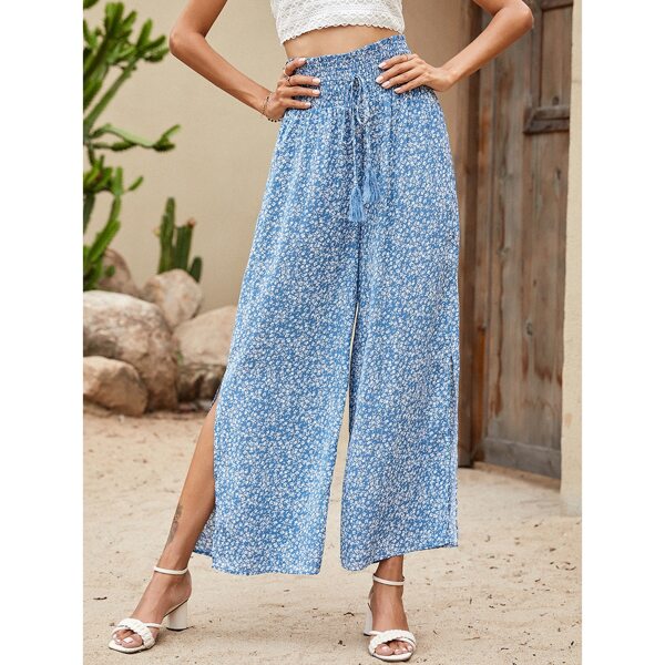 

Ditsy Floral Shirred Waist Split Wide Leg Pants, Blue