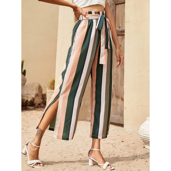 

Striped Split Side Belted Pants, Multicolor