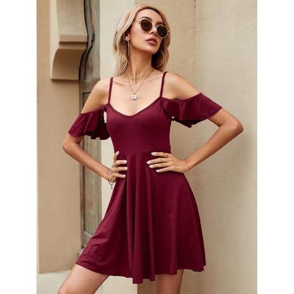 

Solid Cold Shoulder Dress, Maroon