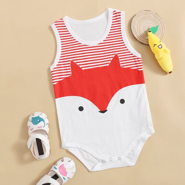 

Baby Unisex Cartoon & Striped Print Bodysuit, Red and white