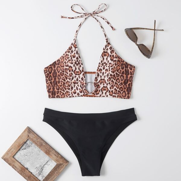 

Leopard Ring Linked Halter Bikini Swimsuit, Multicolor