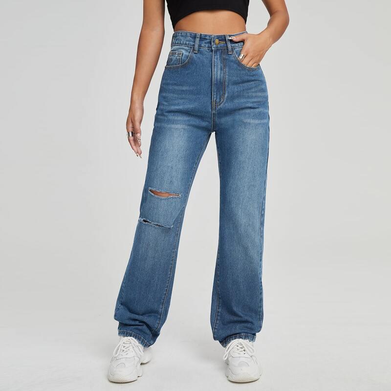 

High Waist Ripped Wide Leg Jeans, Medium wash