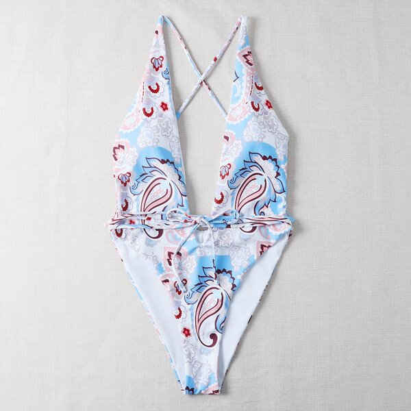 

Floral & Paisley Print Plunging One Piece Swimsuit, Multicolor