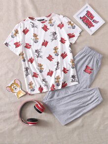 TOM & JERRY X SHEIN Cartoon Graphic Tee And Joggers PJ Set - Multicolor - View 1