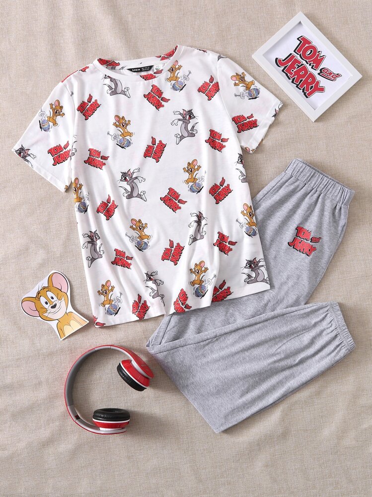 TOM & JERRY X SHEIN X TOM & JERRY CORE卡通圖案T恤和束腳褲睡衣套裝 - 彩色 - 查看 1