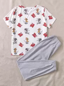 TOM & JERRY X SHEIN Cartoon Graphic Tee And Joggers PJ Set - Multicolor - View 2