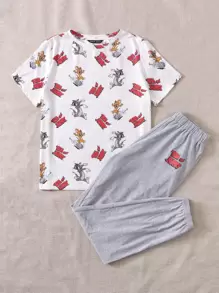 TOM & JERRY X SHEIN Cartoon Graphic Tee And Joggers PJ Set - Multicolor - View 5