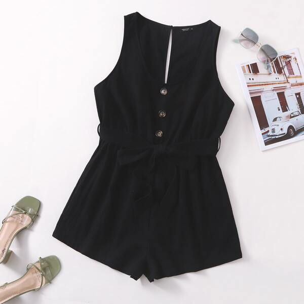 

Plus Button Front Belted Romper, Black
