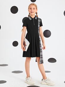 SHEIN Rochie pentru fete cu guler în dungi în carouri cu tiv asimetric