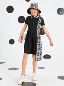 SHEIN Rochie pentru fete cu guler în dungi în carouri cu tiv asimetric