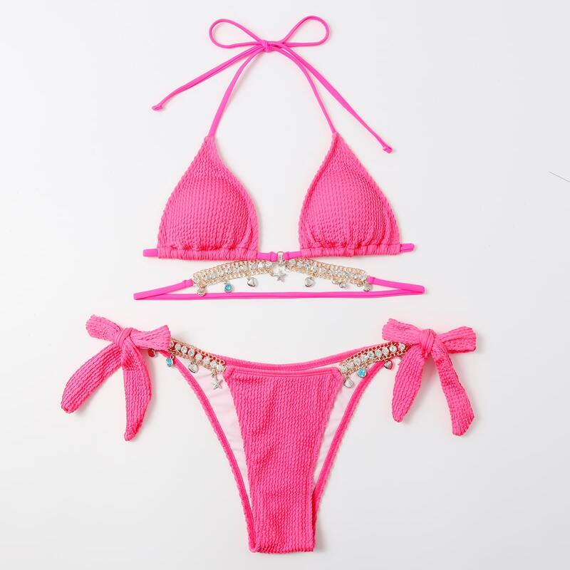 

Chain Rhinestone Tie Side Halter Bikini Swimsuit, Hot pink