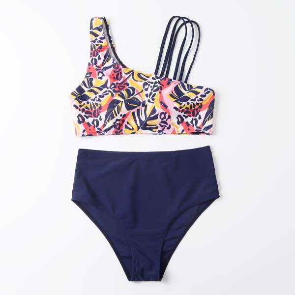 

Tropical Print One Shoulder Bikini Swimsuit, Multicolor