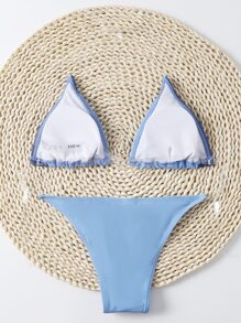 Color Block Triangle Thong Bikini Set - Blue - View 2