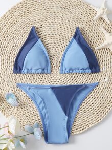 Color Block Triangle Thong Bikini Set - Blue - View 3