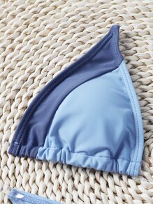 Color Block Triangle Thong Bikini Set - Blue - View 4