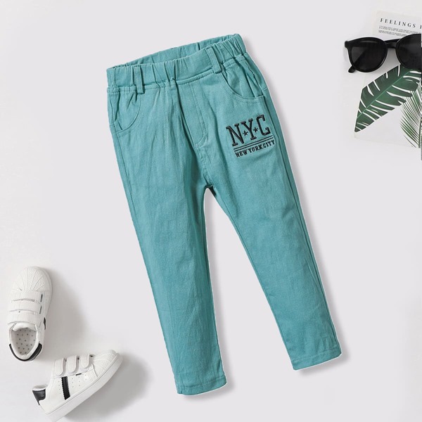 

Toddler Boys Letter Embroidery Pants, Teal blue