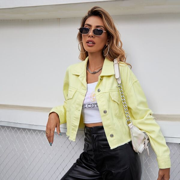 

Raw Hem Flap Detail Denim Jacket, Yellow