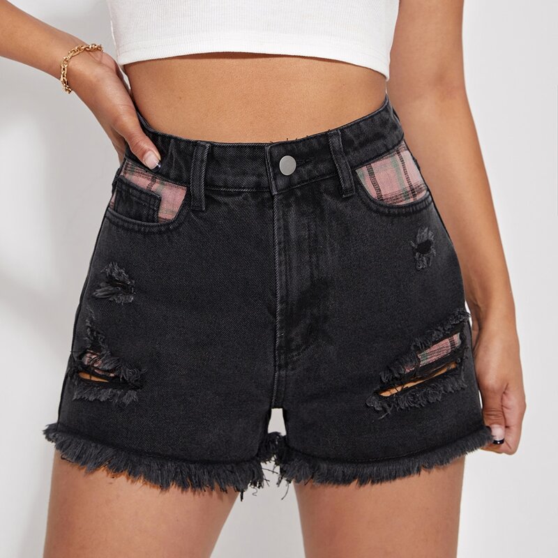 

High Waist Tartan Print Ripped Raw Hem Denim Shorts, Black