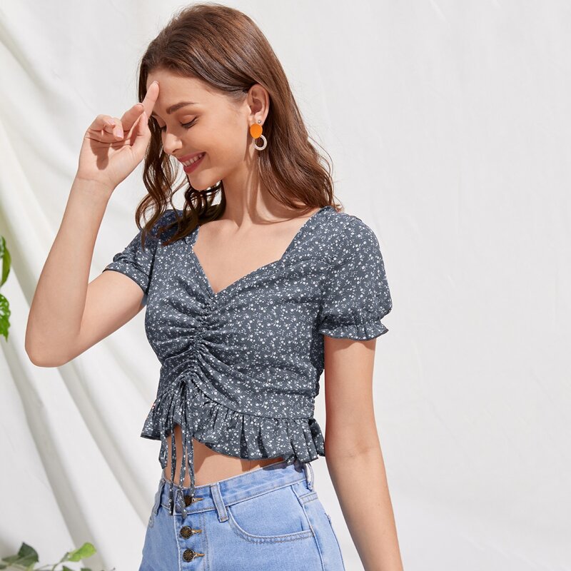 

Ditsy Flower Milkmaid Crop Top, Navy blue