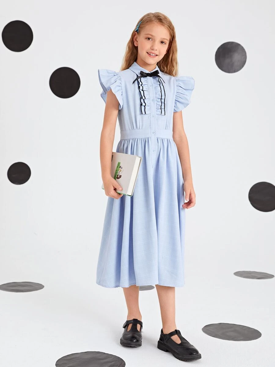 SHEIN Girls Bow Front Ruffle Armhole Shirt Dress - Baby Blue - View 1