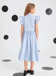 SHEIN Girls Bow Front Ruffle Armhole Shirt Dress - Baby Blue - View 2