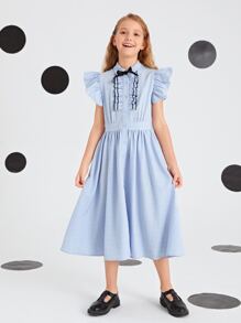 SHEIN Girls Bow Front Ruffle Armhole Shirt Dress - Baby Blue - View 3
