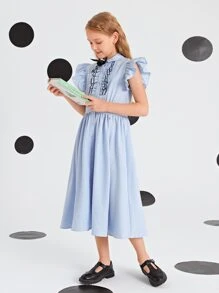 SHEIN Girls Bow Front Ruffle Armhole Shirt Dress - Baby Blue - View 4