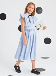 SHEIN Girls Bow Front Ruffle Armhole Shirt Dress - Baby Blue - View 5