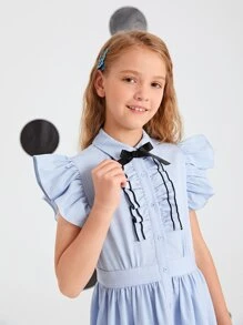 SHEIN Girls Bow Front Ruffle Armhole Shirt Dress - Baby Blue - View 6