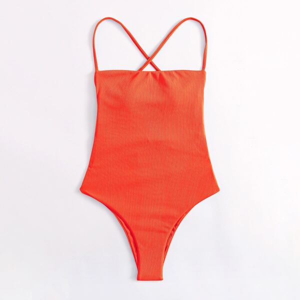 

Ribbed Tie Back One Piece Swimsuit, Orange