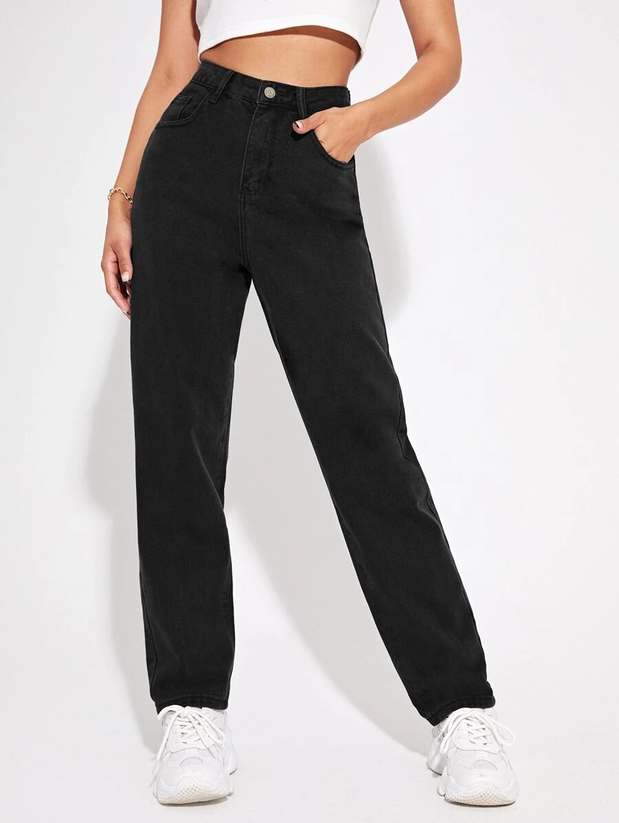 High Waist Straight Leg Jeans - Black - View 1