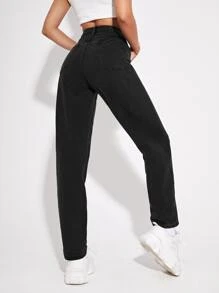 High Waist Straight Leg Jeans - Black - View 2