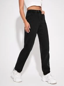 High Waist Straight Leg Jeans - Black - View 3