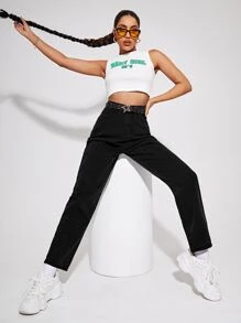 High Waist Straight Leg Jeans - Black - View 5