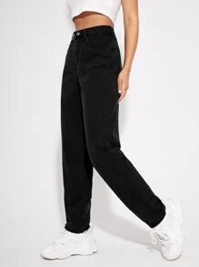 High Waist Straight Leg Jeans - Black - View 6