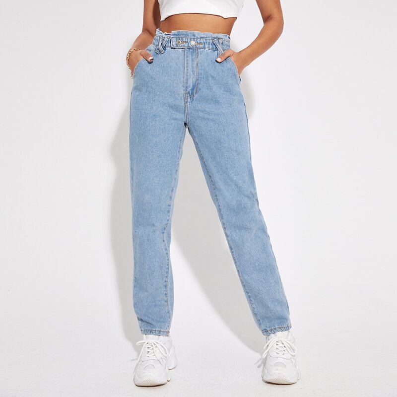 

Paperbag Waist Straight Leg Jeans, Light wash