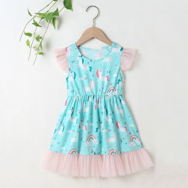 

Toddler Girls Cartoon Graphic Contrast Mesh Dress, Mint blue