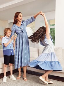 SHEIN Niñas 1 pieza Vestido bajo con fruncido - Celeste - Ver 6